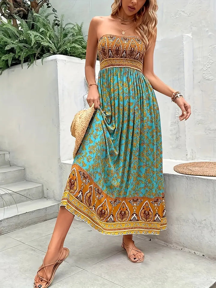Zafira | Boho Bandeau Womens Pleated Midi Dress with Paisley Print