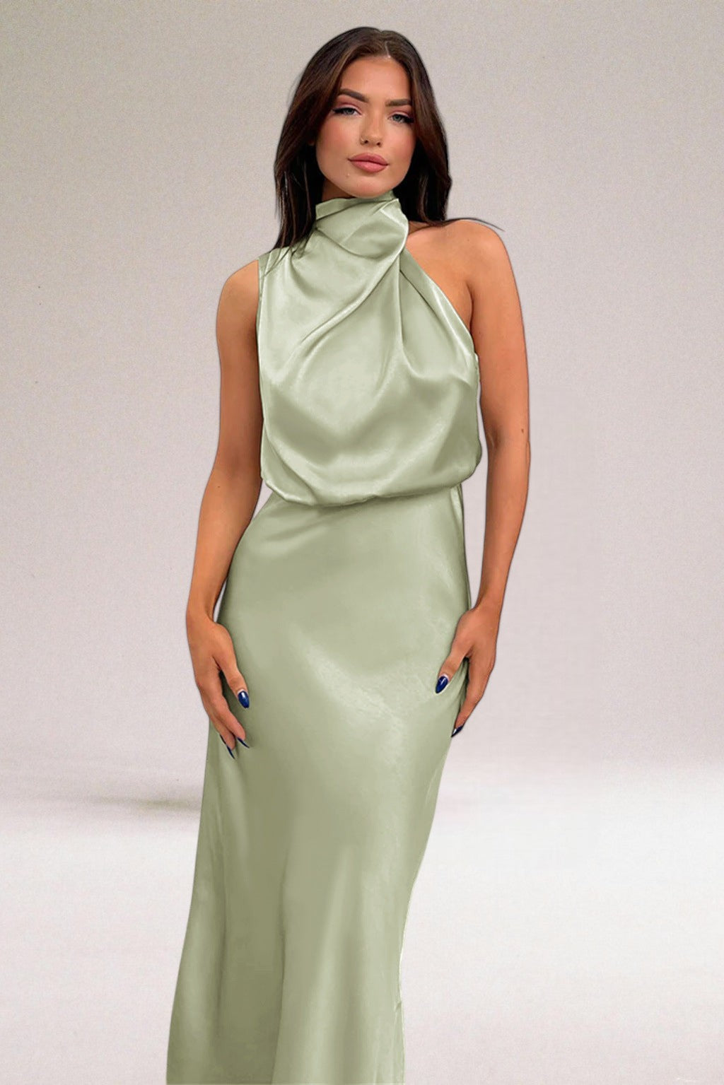 Sabine | Draped Blouson Satin Halter Neck Maxi Dress