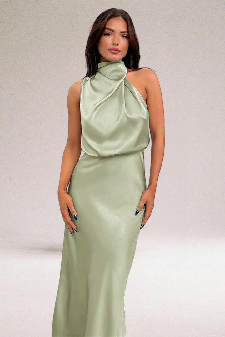 Sabine | Draped Blouson Satin Halter Neck Maxi Dress