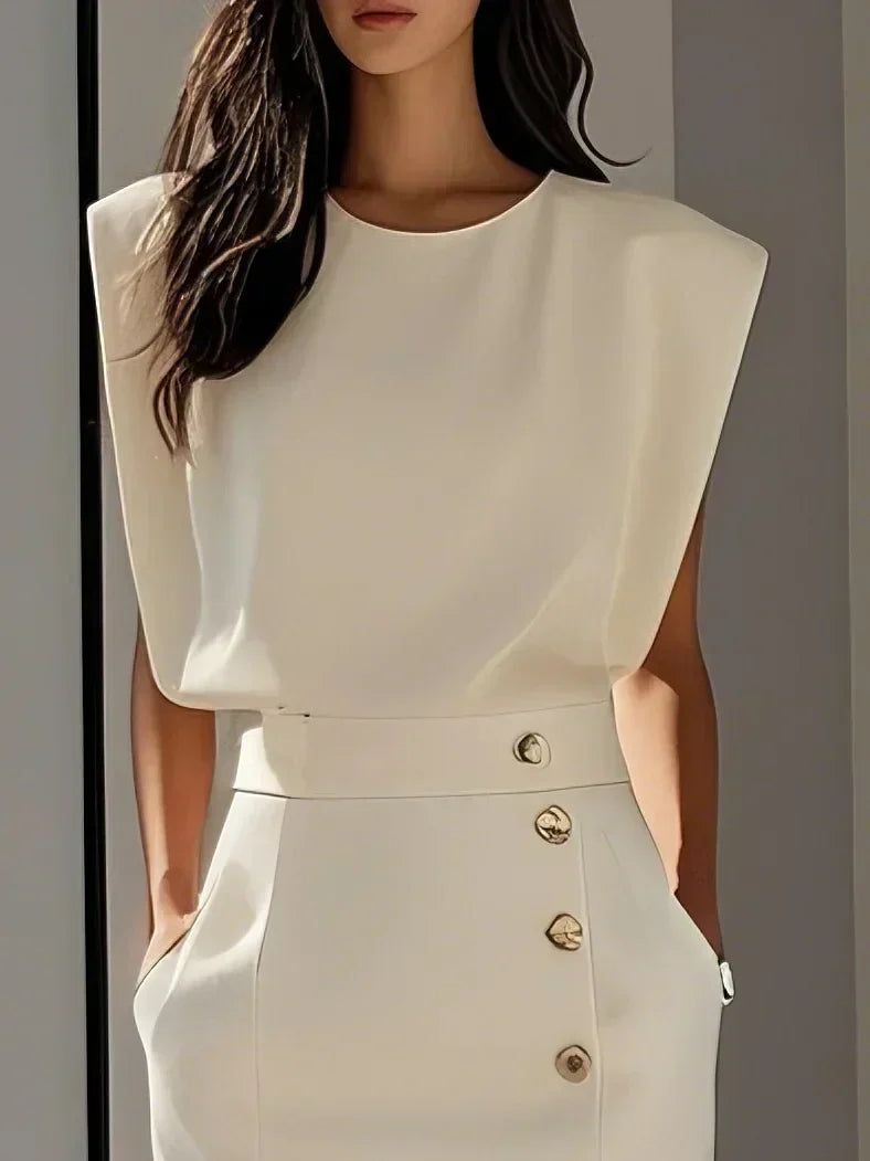 Vance | Padded Shoulder Gold Button Slit Midi Dress