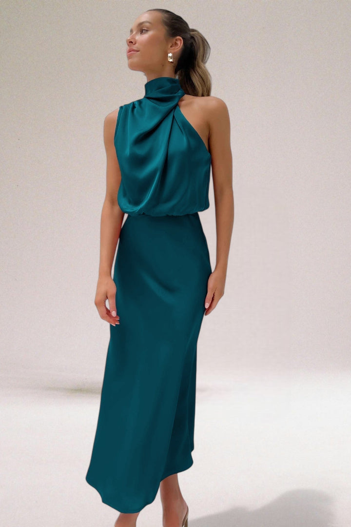 Keyword active: Halter Neck Wedding Guest Dress  Sienna | Draped Cowl Satin Maxi Halter Neck Wedding Guest Dress