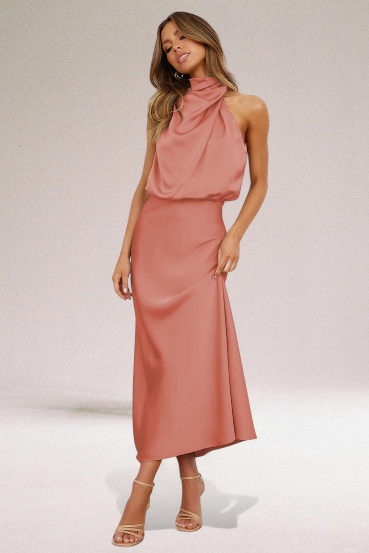 Isolde | High Neck Draped Cowl Satin Maxi Formal Dress
