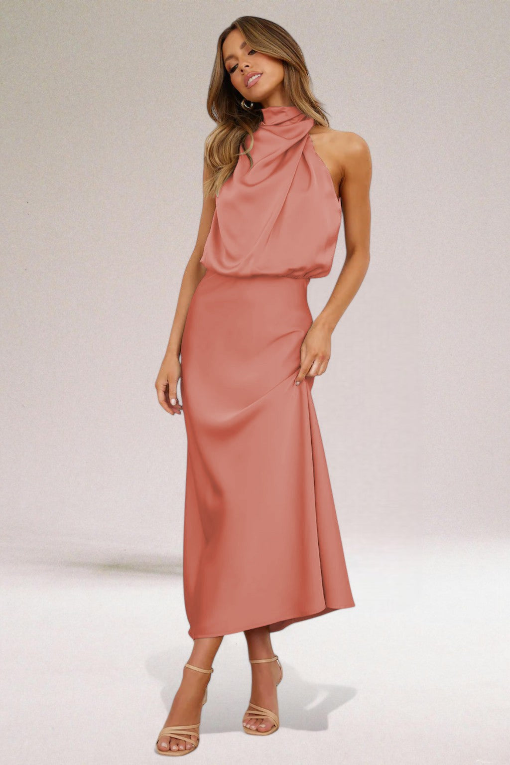 Keyword active: Halter Neck Wedding Guest Dress  Sienna | Draped Cowl Satin Maxi Halter Neck Wedding Guest Dress