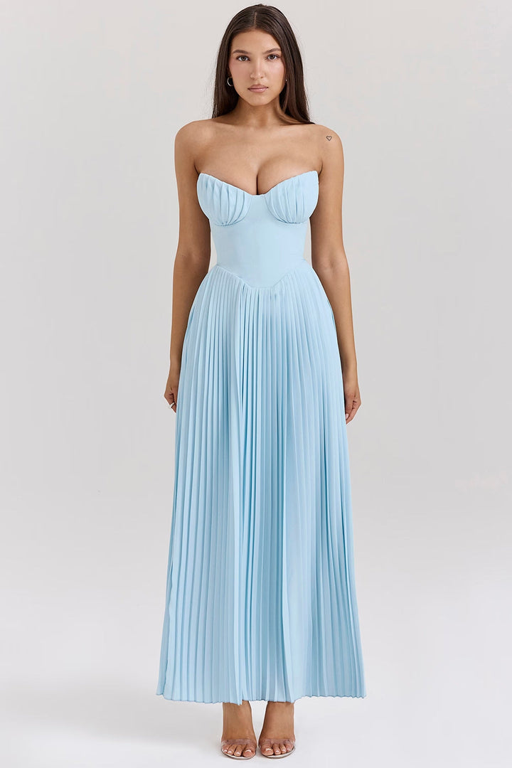 Mirabelle | Strapless Corset Womens Pleated Midi Dress with Boning