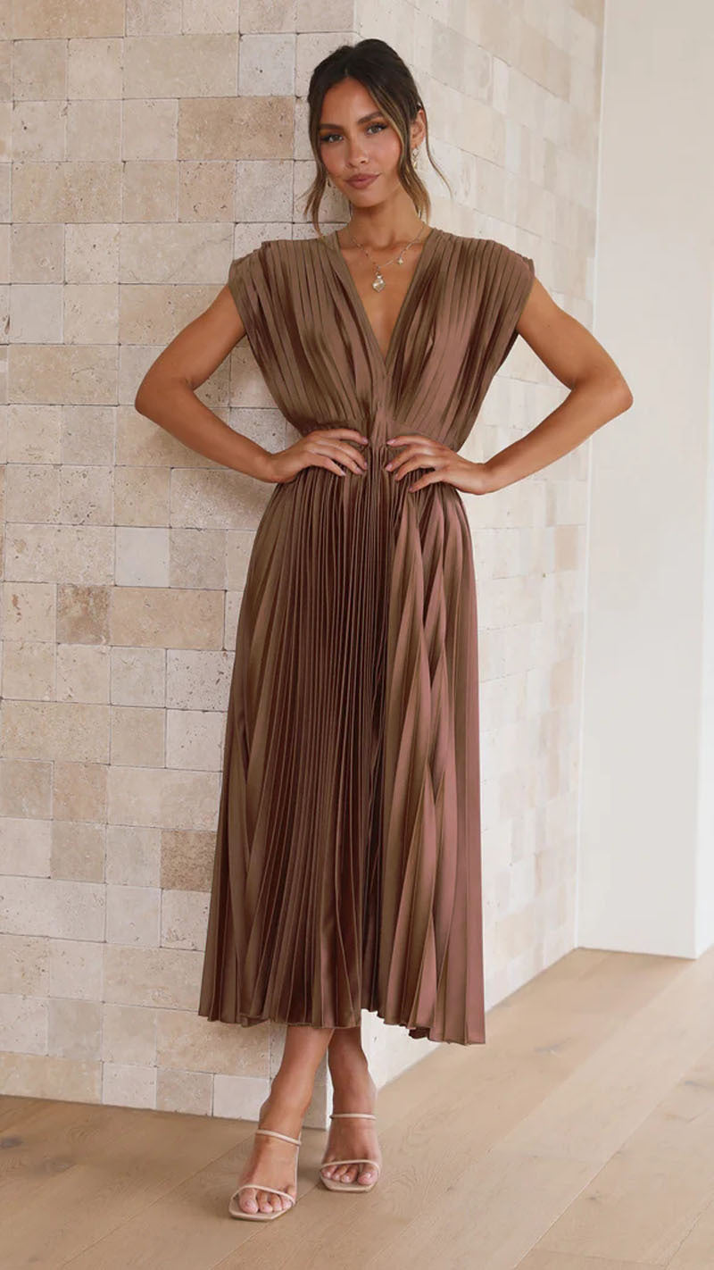 Aurora | Deep V Neck Pleated Satin Midi Dress