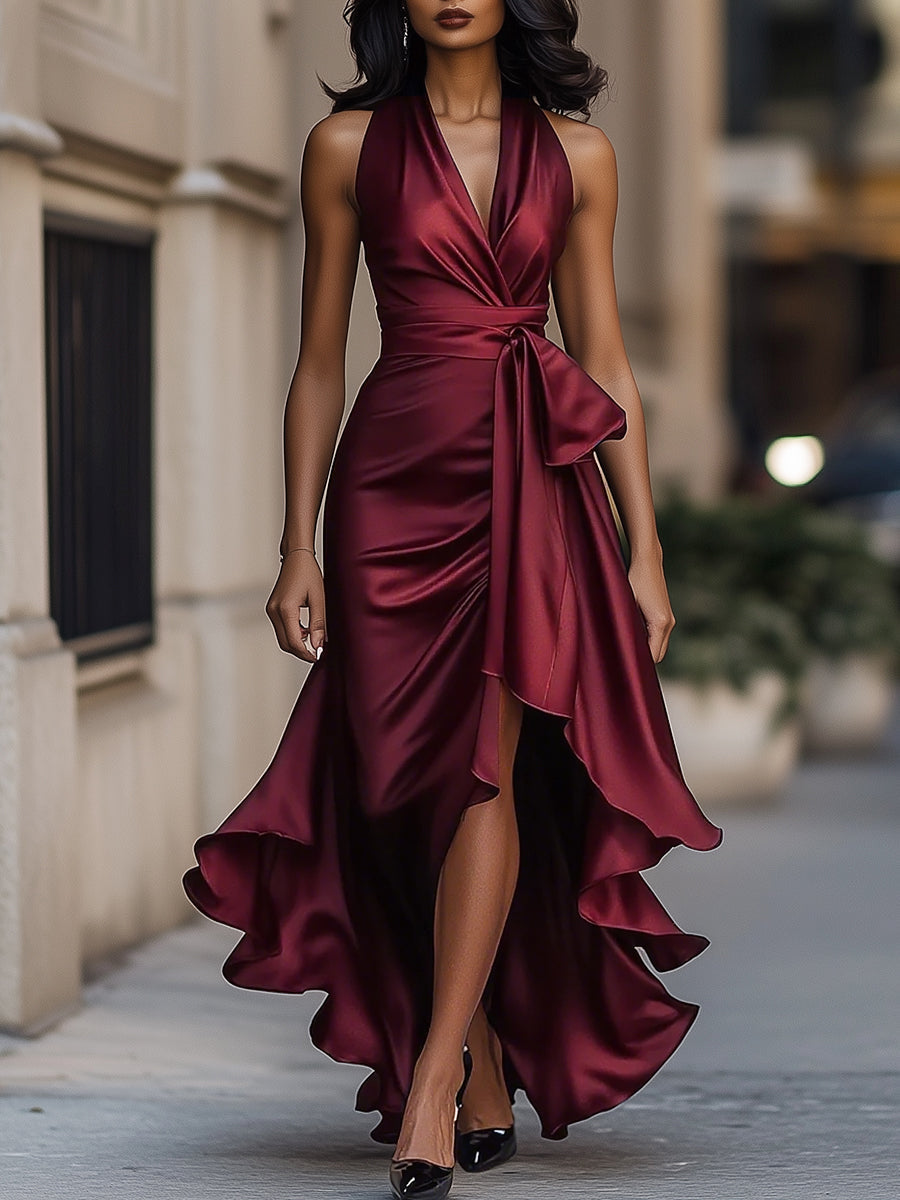 Odette | Halter V-Neck Bow Tie Ruffle Hem Satin Maxi Formal Dress