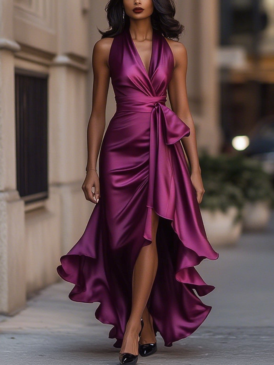 Odette | Halter V-Neck Bow Tie Ruffle Hem Satin Maxi Formal Dress