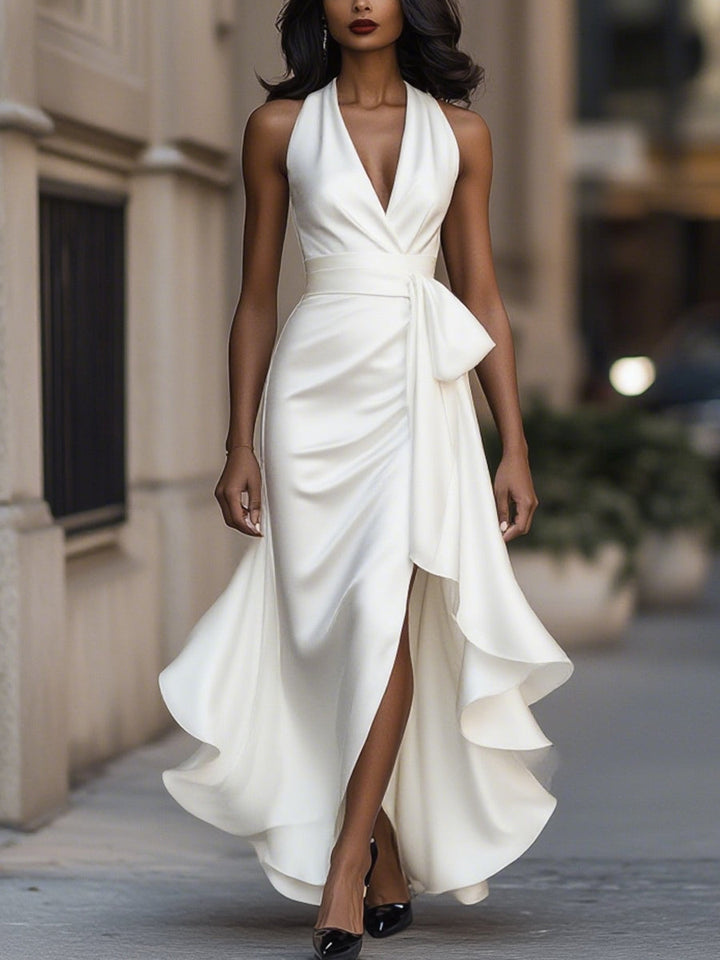 Navarre | Wrap V-Neck Bow Waist Ruffle Halter Neck Maxi Dress