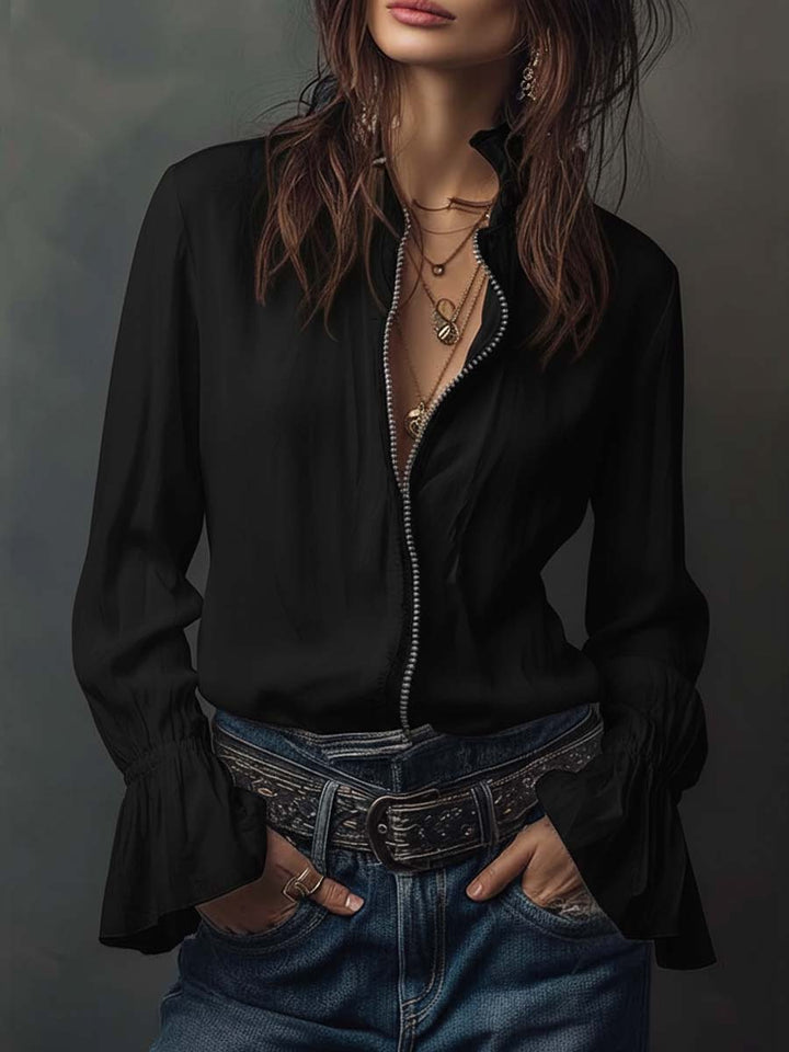 Sage | Frill Cuff Lace Trim Button Womens Blouse