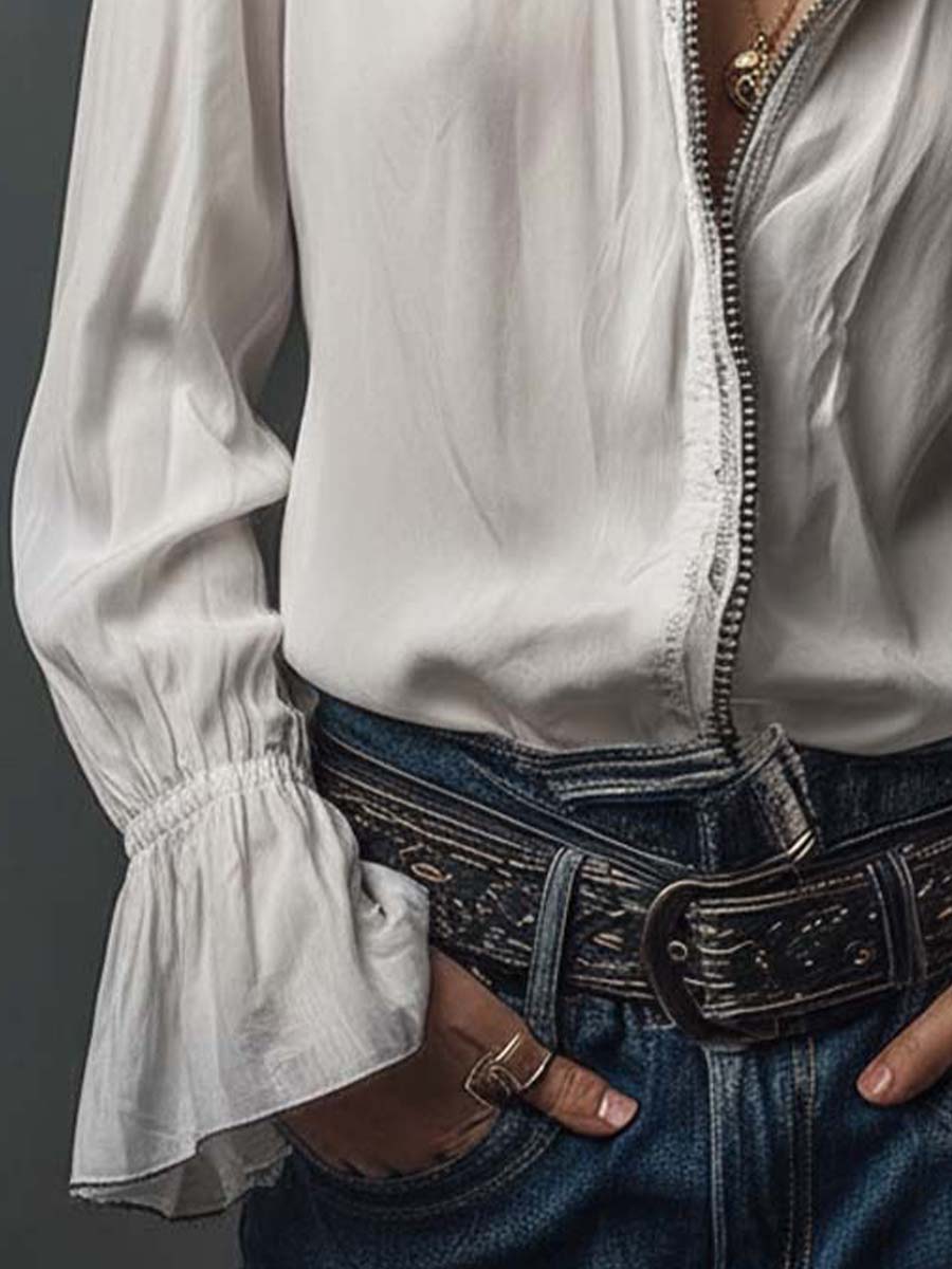 Sage | Frill Cuff Lace Trim Button Womens Blouse