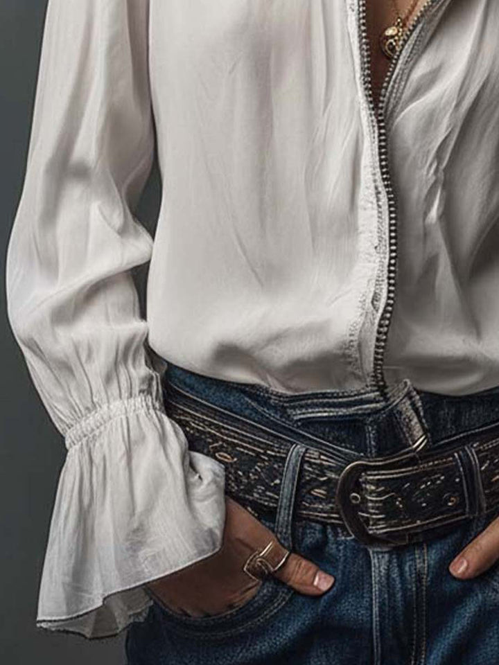 Sage | Frill Cuff Lace Trim Button Womens Blouse