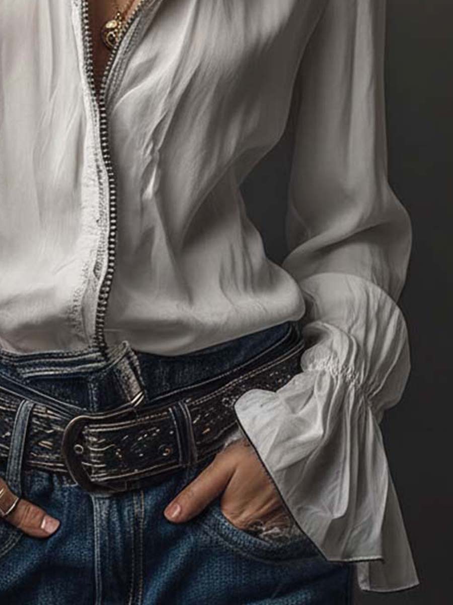 Sage | Frill Cuff Lace Trim Button Womens Blouse