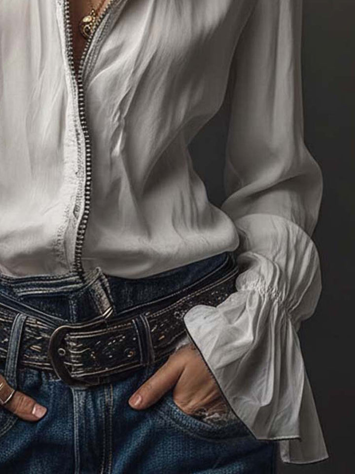 Sage | Frill Cuff Lace Trim Button Womens Blouse