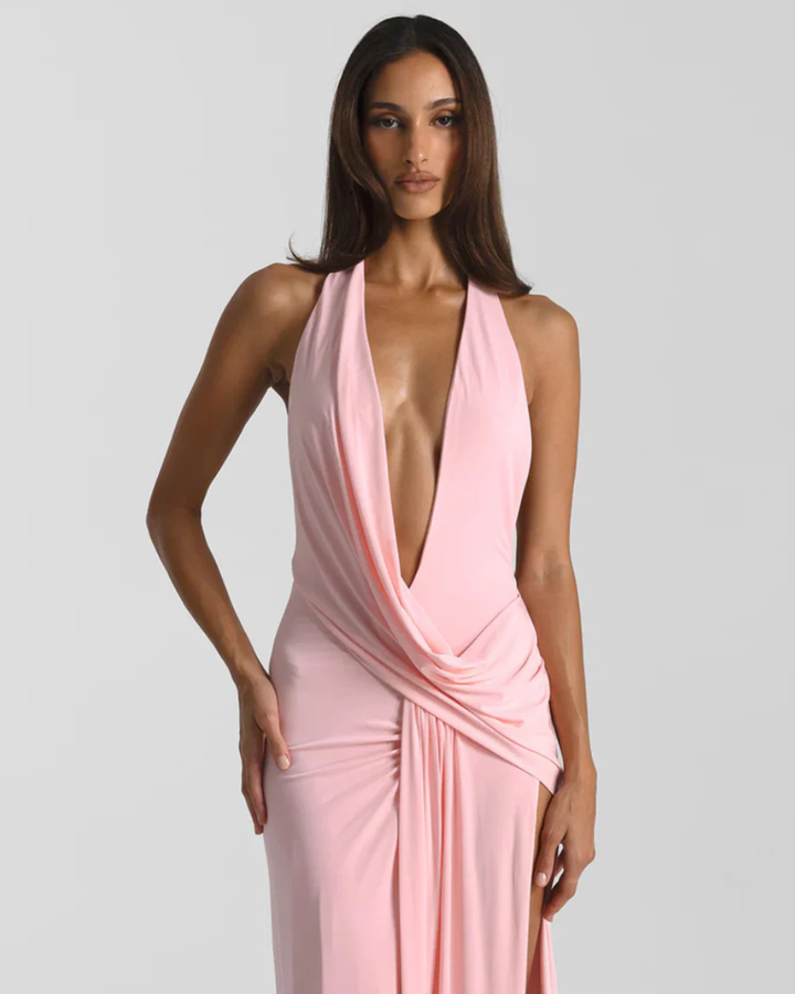 Solange | Draped Cowl Neck Backless Halter Neck Maxi Dress