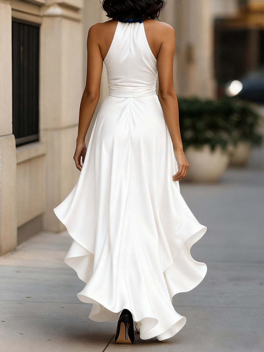 Navarre | Wrap V-Neck Bow Waist Ruffle Halter Neck Maxi Dress