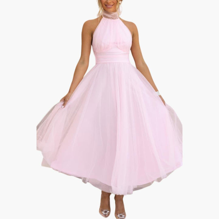 Celestine | Tulle Bow-Tie Halter Neck Maxi Dress with Full Skirt