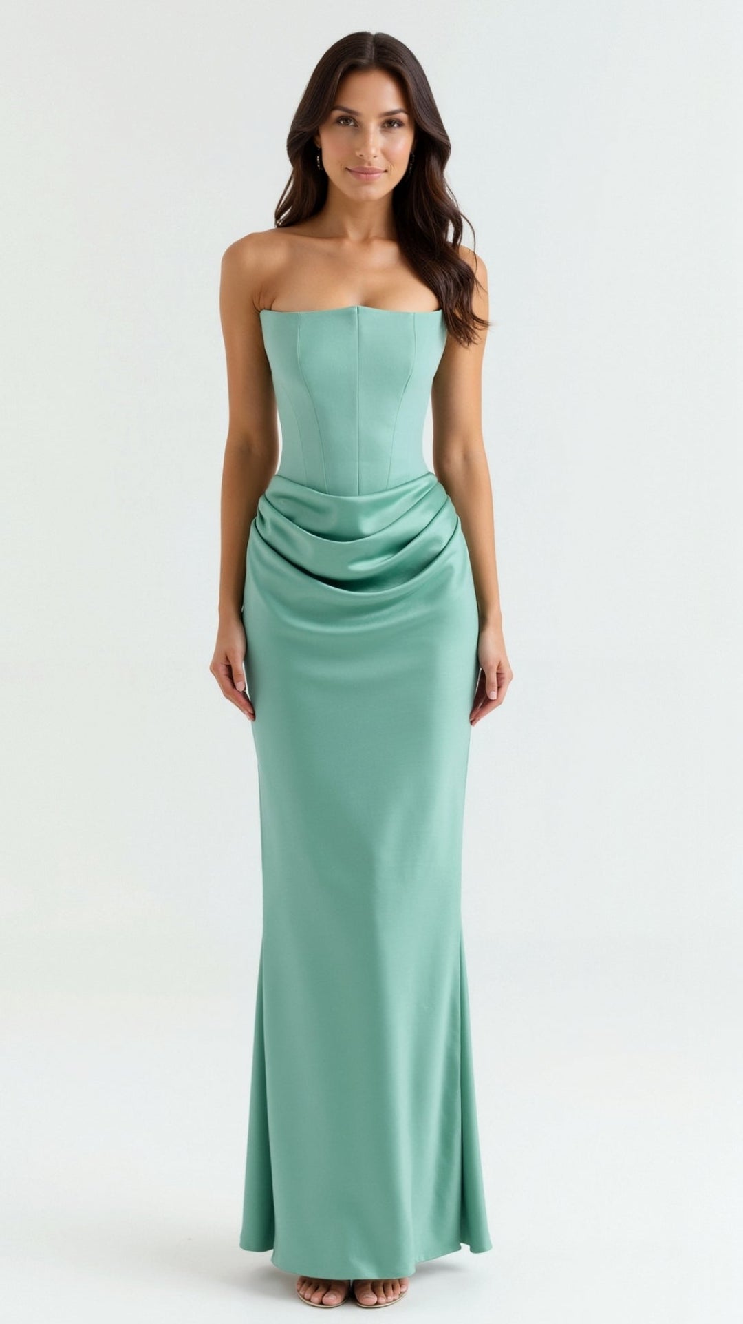 Adrienne | Strapless Corset Ruched Satin Maxi Formal Dress