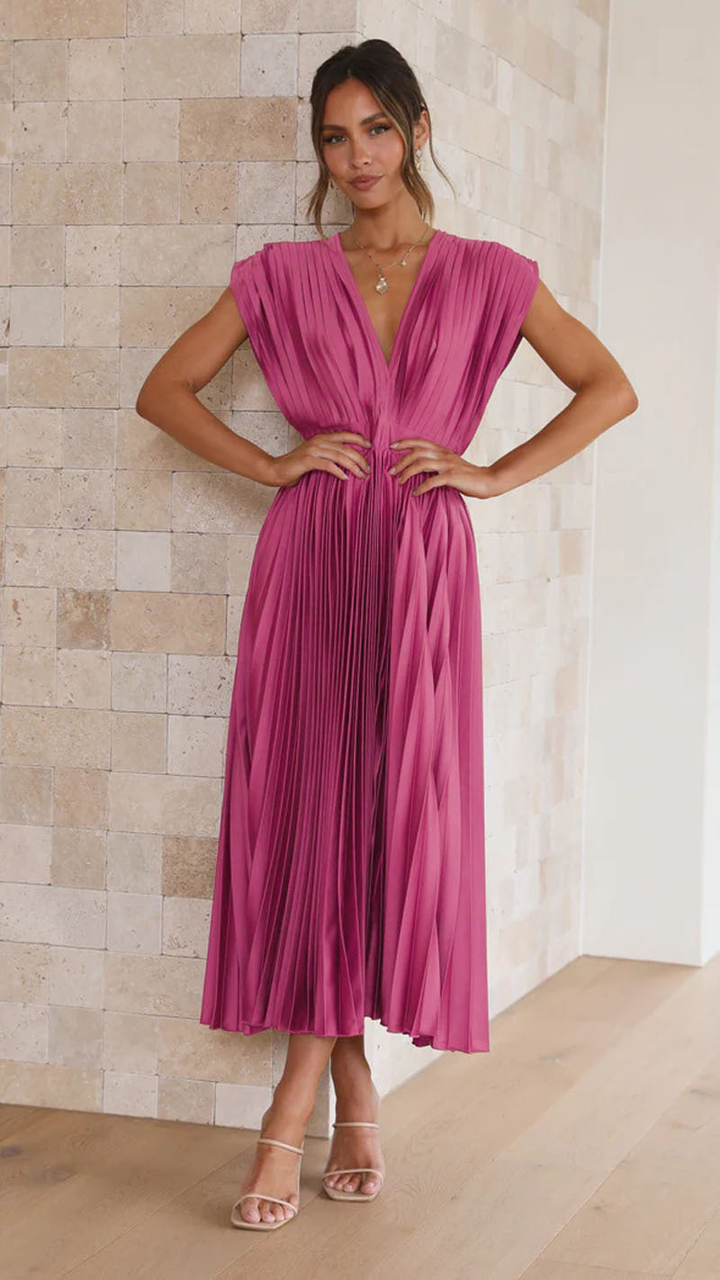 Aurora | Deep V Neck Pleated Satin Midi Dress