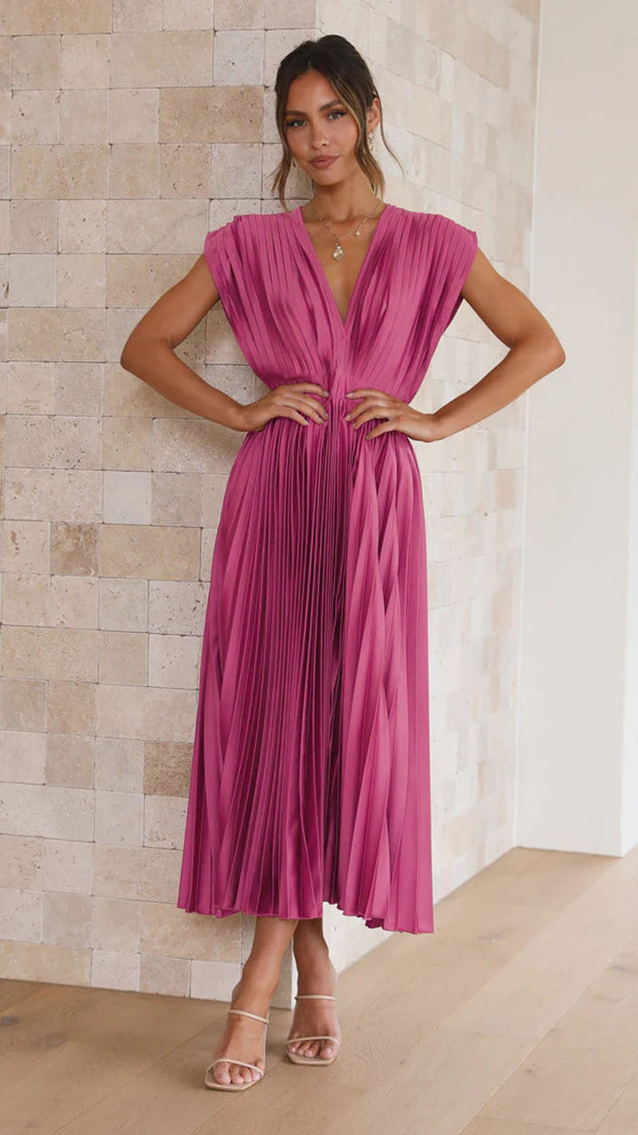 Aurora | Deep V Neck Pleated Satin Midi Dress