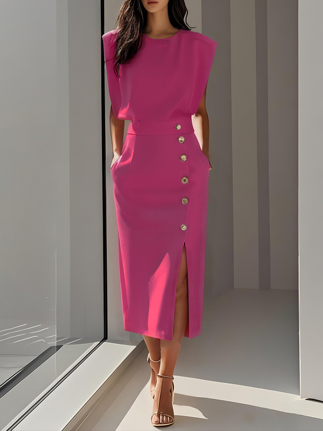 Vance | Padded Shoulder Gold Button Slit Midi Dress