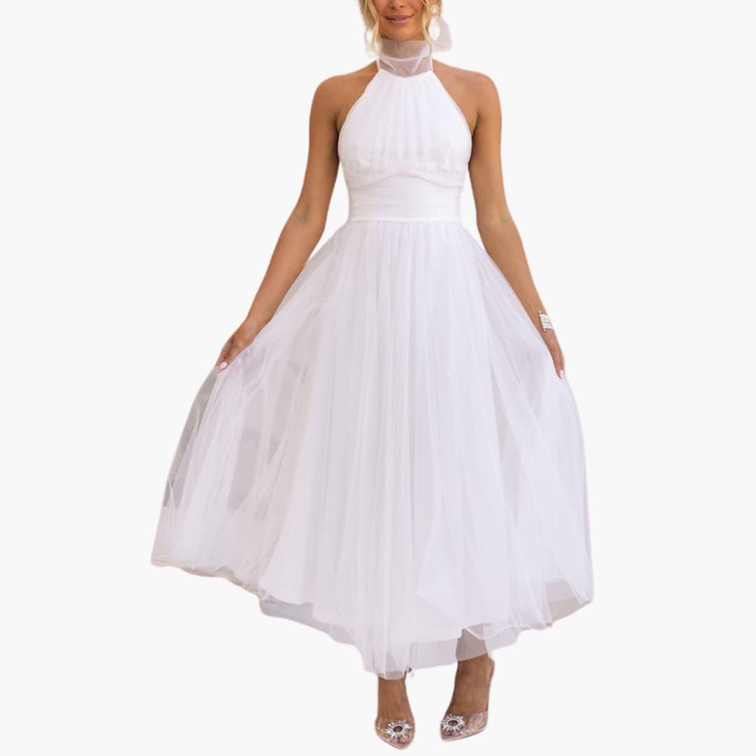 Celestine | Tulle Bow-Tie Halter Neck Maxi Dress with Full Skirt