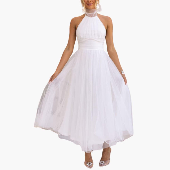 Celestine | Tulle Bow-Tie Halter Neck Maxi Dress with Full Skirt