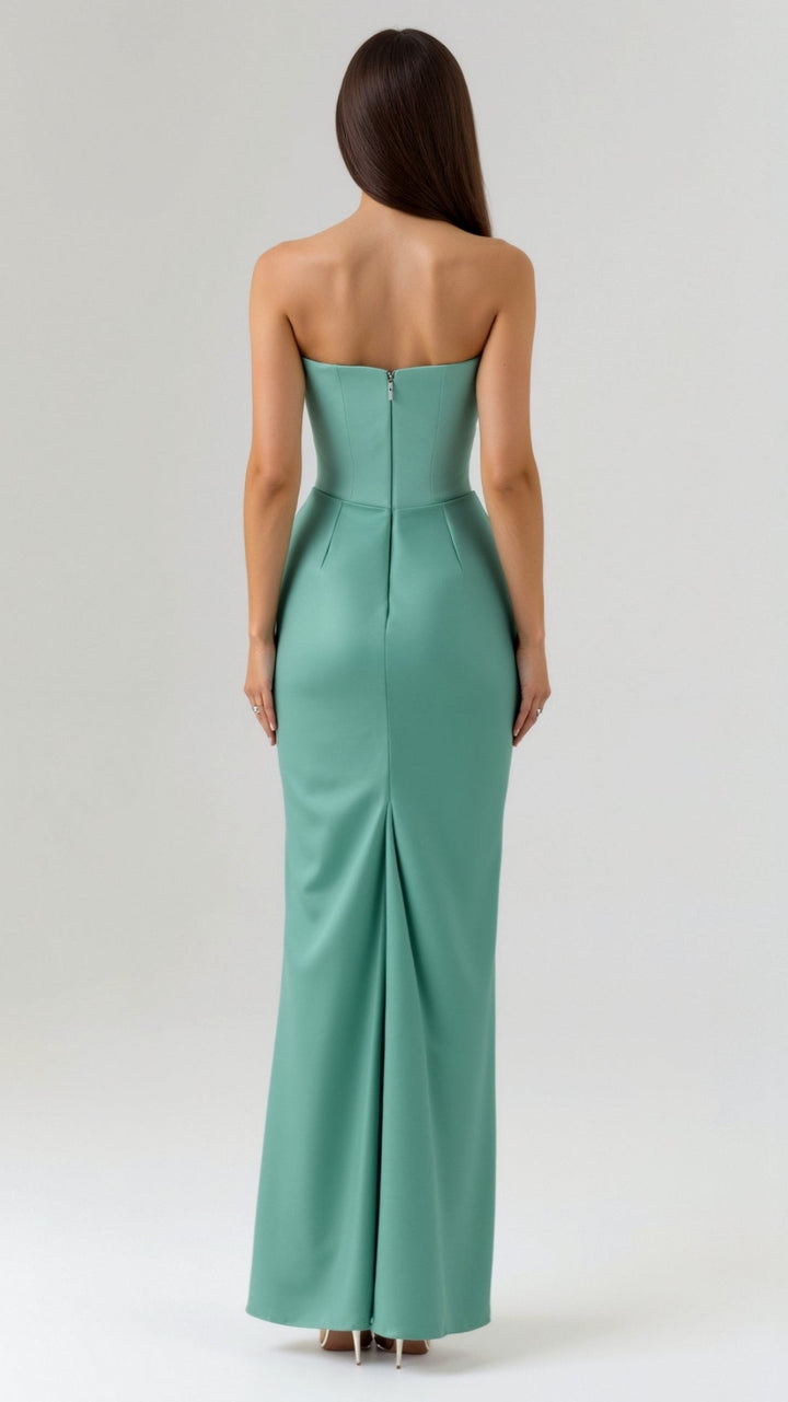 Adrienne | Strapless Corset Ruched Satin Maxi Formal Dress