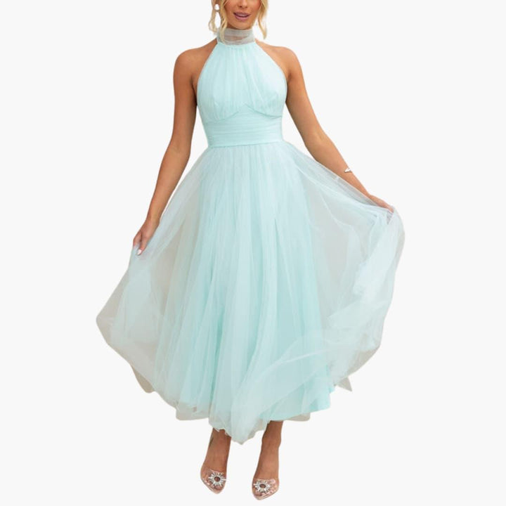 Celestine | Tulle Bow-Tie Halter Neck Maxi Dress with Full Skirt