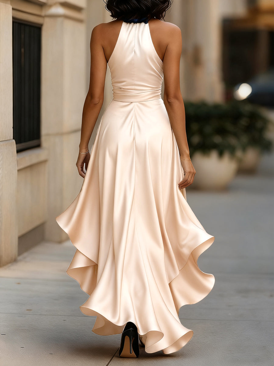 Navarre | Wrap V-Neck Bow Waist Ruffle Halter Neck Maxi Dress