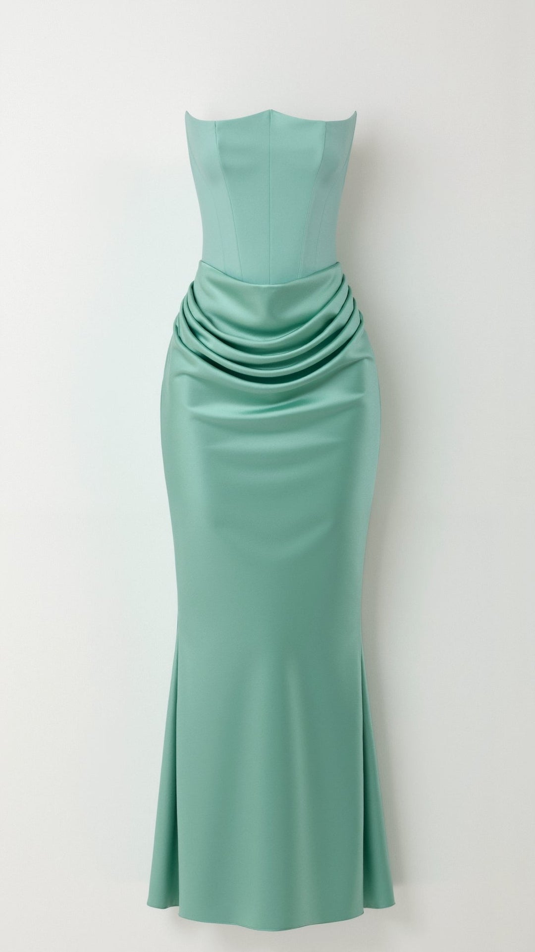 Adrienne | Strapless Corset Ruched Satin Maxi Formal Dress