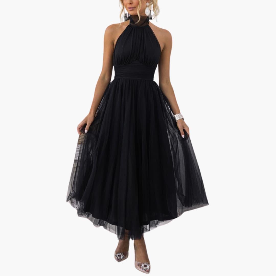 Celestine | Tulle Bow-Tie Halter Neck Maxi Dress with Full Skirt