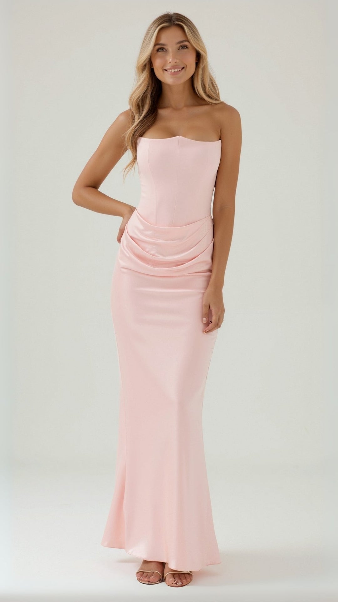 Adrienne | Strapless Corset Ruched Satin Maxi Formal Dress