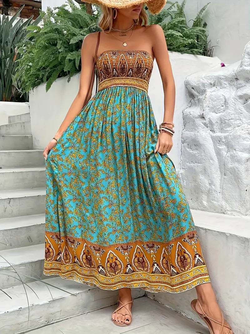 Zafira | Boho Bandeau Womens Pleated Midi Dress with Paisley Print