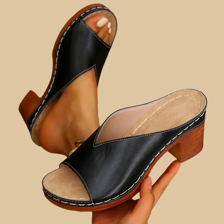 Vera | Metallic Peep Toe Block Heel Mule Sandals