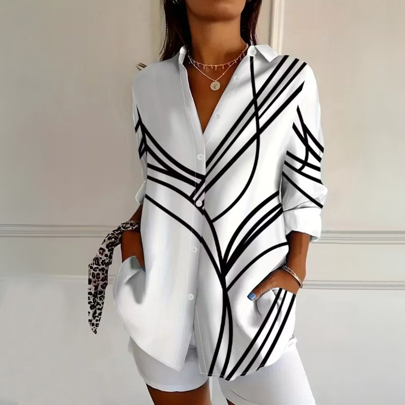 Moreau | Abstract Line Print Button-Down Tunic Blouse