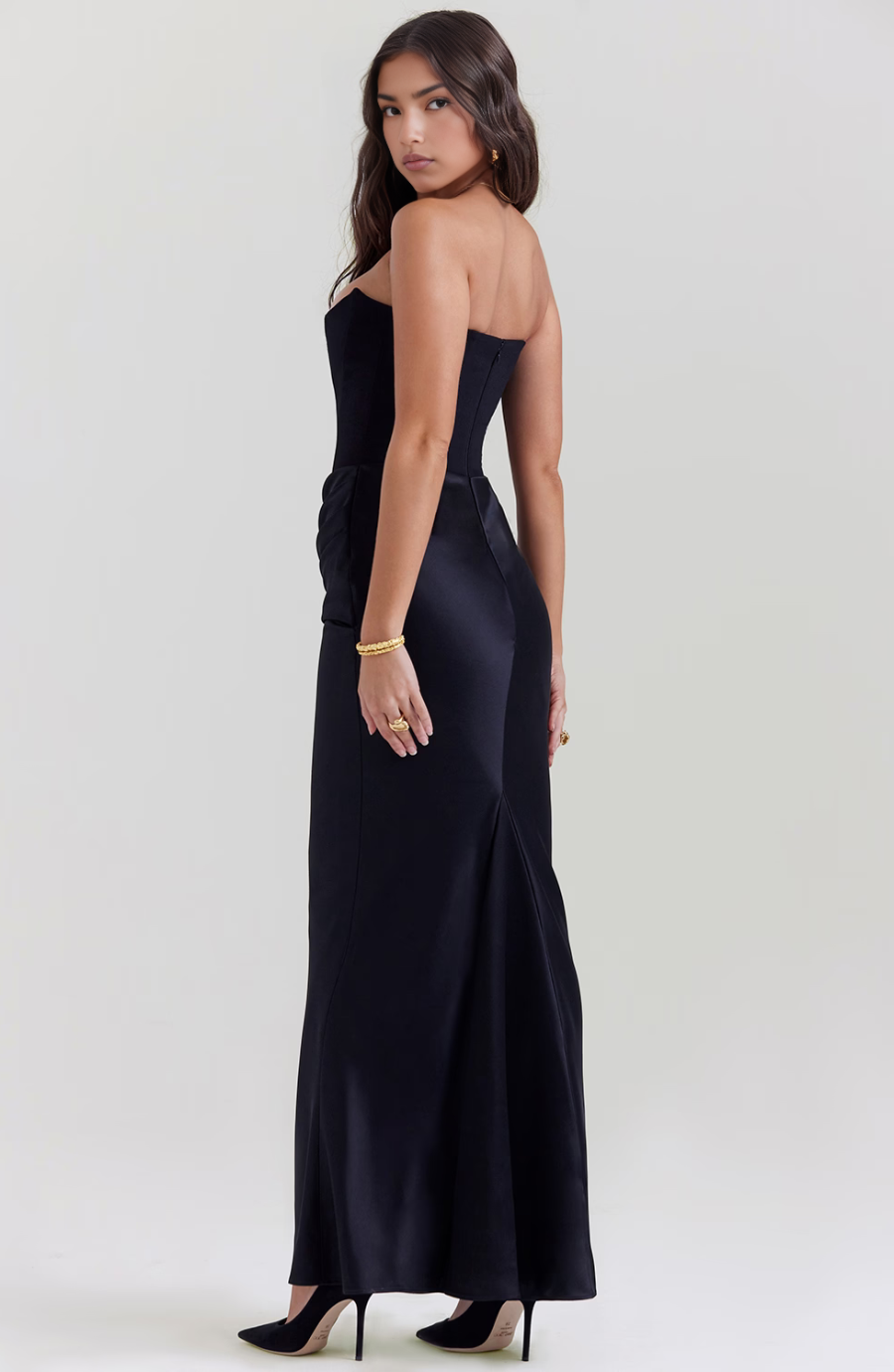 Emelia | Strapless Underwire Corset Draped Satin Maxi Fall Wedding Guest Dress