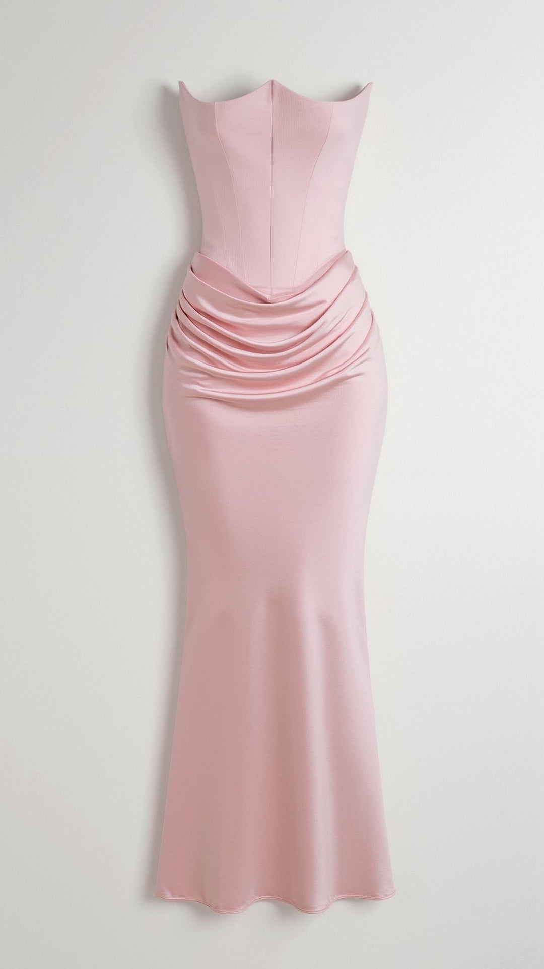 Adrienne | Strapless Corset Ruched Satin Maxi Formal Dress