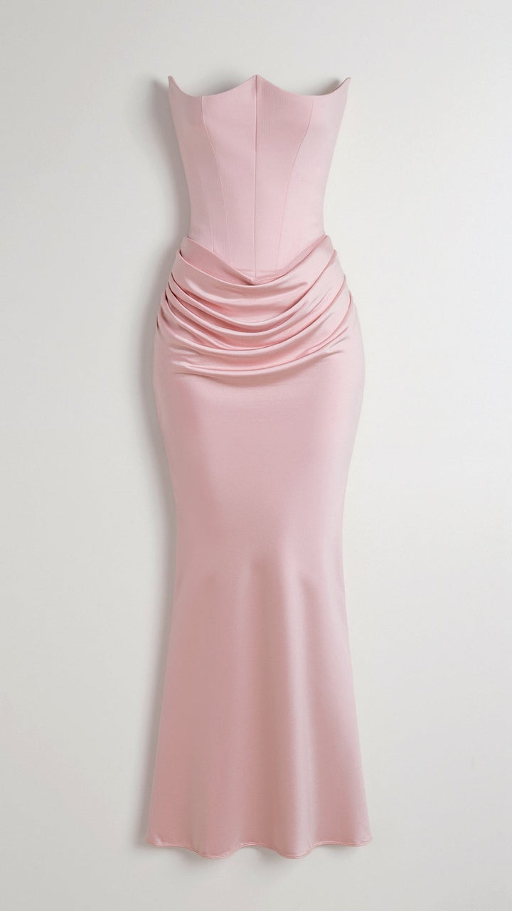 Adrienne | Strapless Corset Ruched Satin Maxi Formal Dress