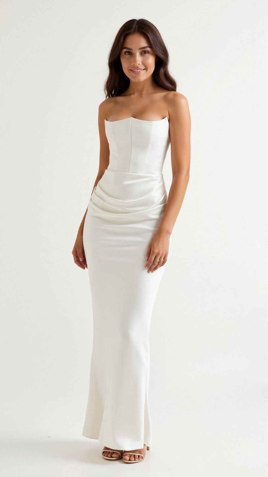 Adrienne | Strapless Corset Ruched Satin Maxi Formal Dress