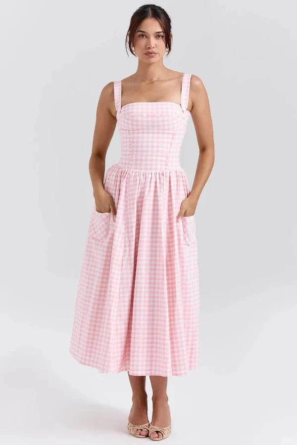Vivien | Gingham Bustier Womens Pleated Midi Dress with Pockets