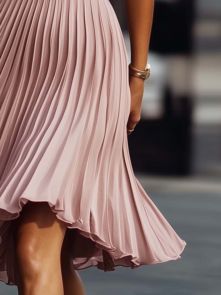 Halona | Halter-Neck Womens Pleated Midi Dress with Ruffle Hem