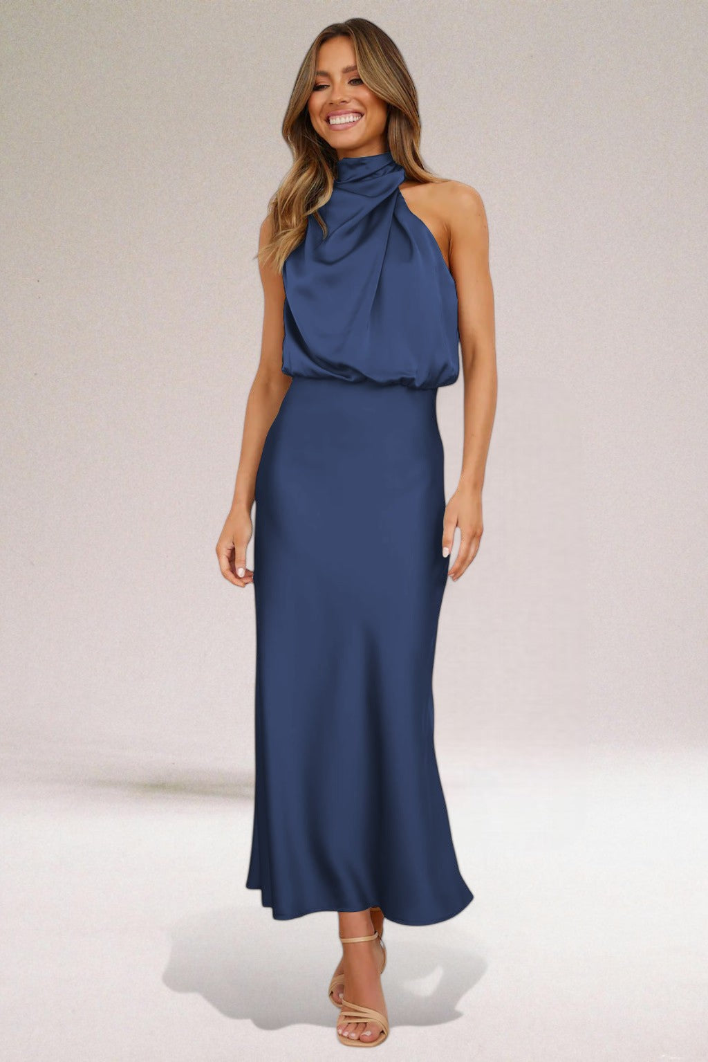 Isolde | High Neck Draped Cowl Satin Maxi Formal Dress