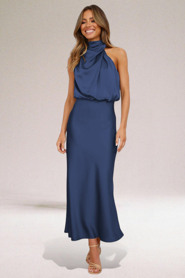 Isolde | High Neck Draped Cowl Satin Maxi Formal Dress