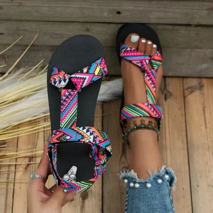 Aztec | Geometric Print Velcro Strap Platform Flat Sandals