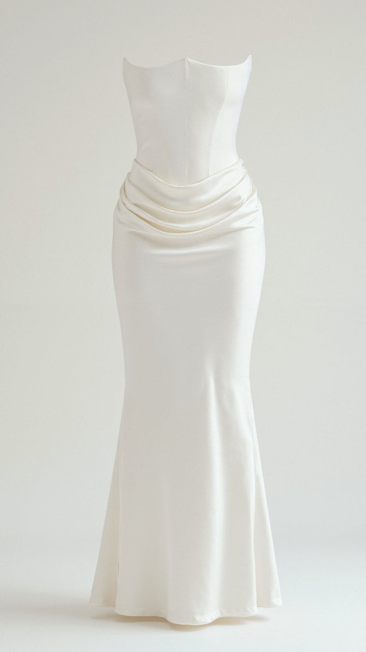 Adrienne | Strapless Corset Ruched Satin Maxi Formal Dress
