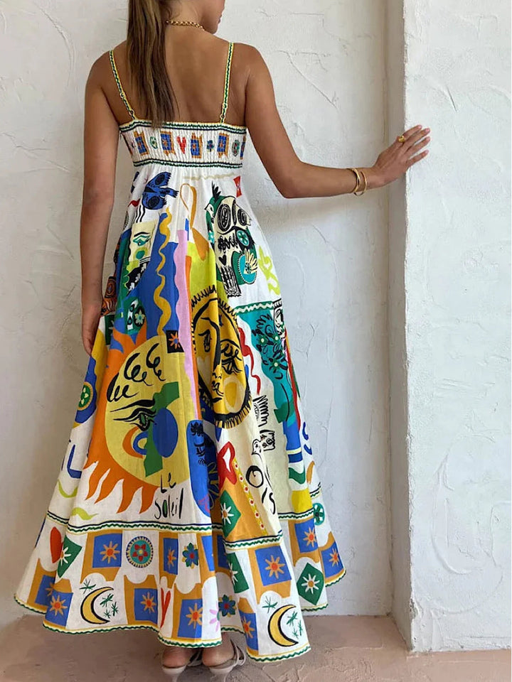Frida | Women's Graphic Print Midi Slip Dress with Pockets