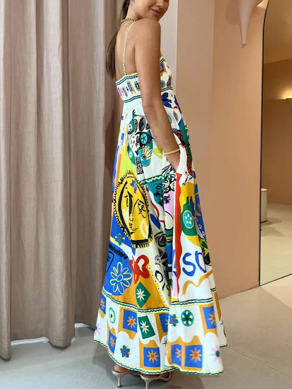Frida | Women's Graphic Print Midi Slip Dress with Pockets
