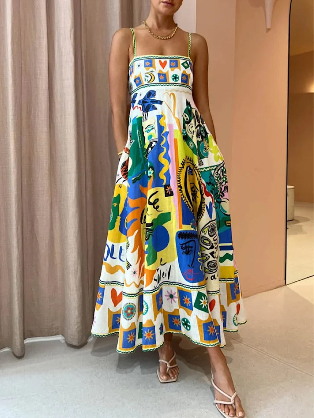 Frida | Women's Graphic Print Midi Slip Dress with Pockets
