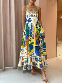Frida | Women's Graphic Print Midi Slip Dress with Pockets