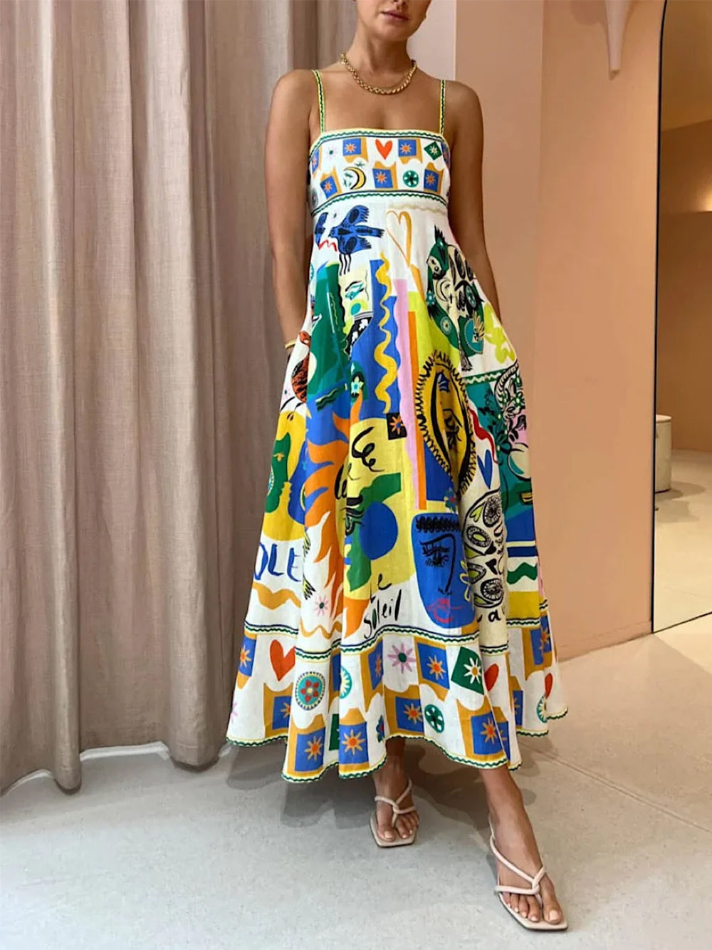 Frida | Women's Graphic Print Midi Slip Dress with Pockets